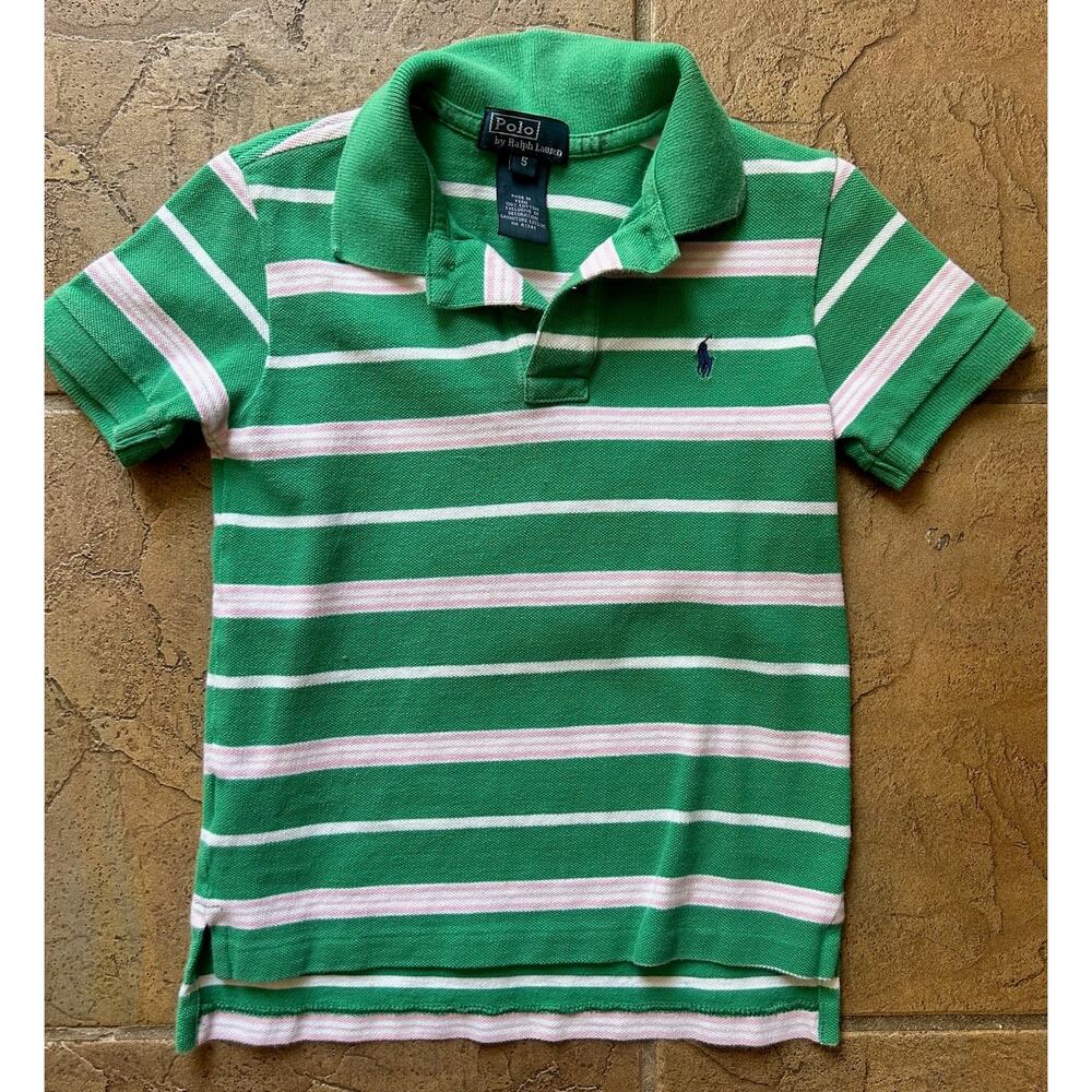 Vintage Polo Ralph Lauren Boys Size 5 Green Striped Polo Shirt Short Sleeve